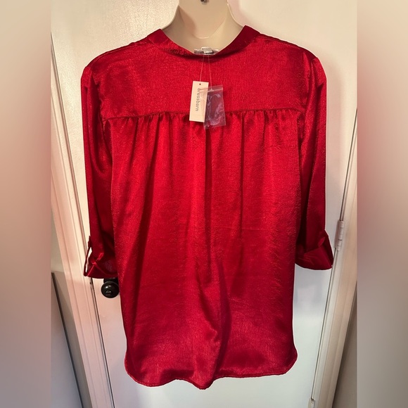 3/4 NOTCH SLEEVE BUTTON UP FRONT SHIRT TOP DRESS BARN SATIN RED SZ 22/24 #1607 - Picture 5 of 10